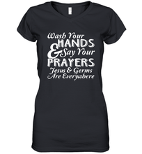 Load image into Gallery viewer, Wash Your Hands And Pray Jesus Coronacation Women's V-Neck T-Shirt