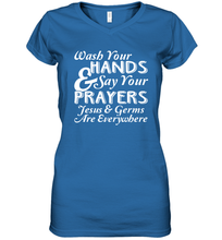 Load image into Gallery viewer, Wash Your Hands And Pray Jesus Coronacation Women's V-Neck T-Shirt
