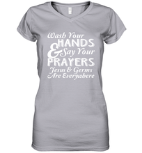 Load image into Gallery viewer, Wash Your Hands And Pray Jesus Coronacation Women's V-Neck T-Shirt