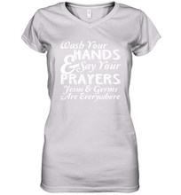 Load image into Gallery viewer, Wash Your Hands And Pray Jesus Coronacation Women's V-Neck T-Shirt
