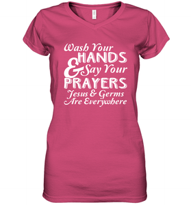 Wash Your Hands And Pray Jesus Coronacation Women's V-Neck T-Shirt